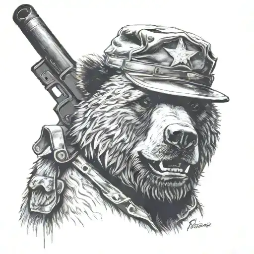 Grizzley Bear with a USMC helmet on smoking a cigar and holding a tommy gun tattoo design idea