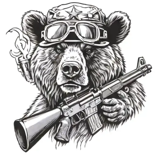 Grizzley bear with USMC insignia helmet holding a machine gun and smoking a cigar  tattoo design idea