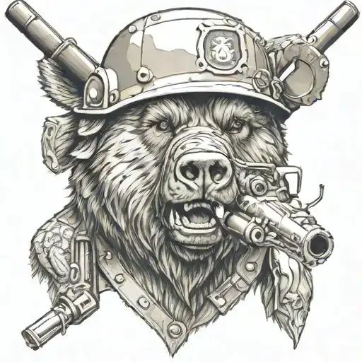 Grizzley bear with Marine Corps helmet + holding a M-16 + Cigar in mouth tattoo design idea
