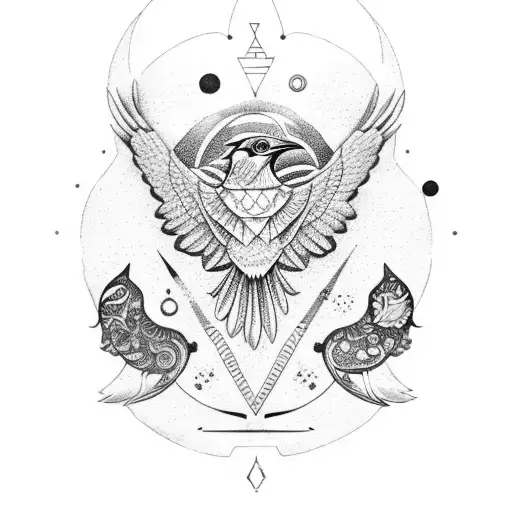 An orange raven surrounded by astrological symbols in dotwork style tattoo design idea