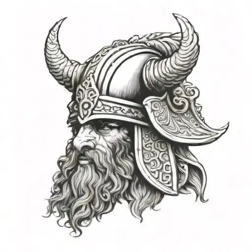 Black cockapoo wearing viking helmet looking like the nose god odin tattoo design idea