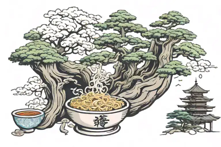 bonsai growing out of ramen  tattoo design idea