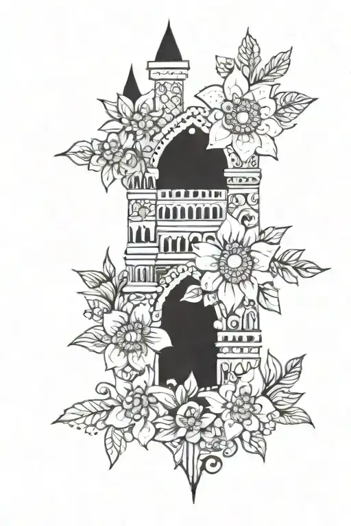 Flowers, henna, castle tattoo design idea