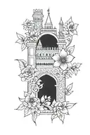 Flowers, henna, castle tattoo design idea