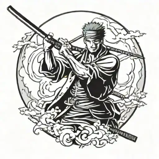 An anime-inspired design featuring Roronoa Zoro wielding a katana under a full moon tattoo design idea