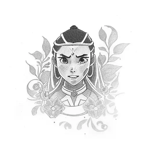 Portrait of Katara from Avatar the last airbender, with flowers around her face in her outfit of the painted lady  tattoo design idea