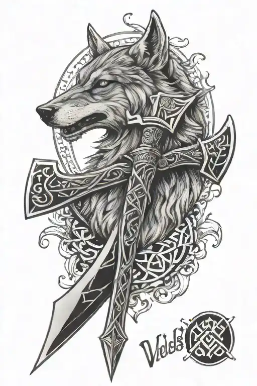 viking axe, wolf, vegvisir, valknut, triqueta, bindrune tattoo design idea