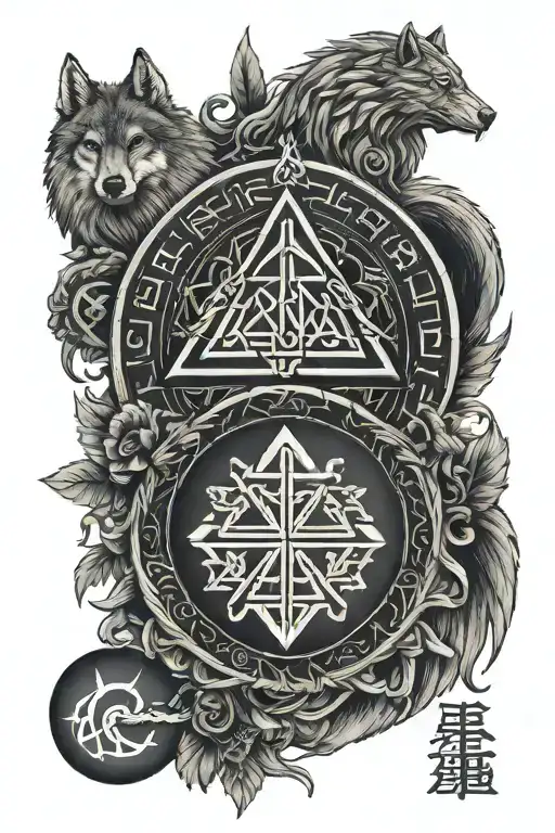 vegvisir, valknut, triqueta, bindrune sumbolising strength and rebirth, hacha vikinga y lobo  tattoo design idea