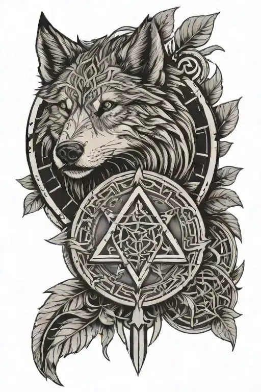 vegvisir, valknut, triqueta, bindrune sumbolising strength and rebirth, hacha vikinga y lobo  tattoo design idea