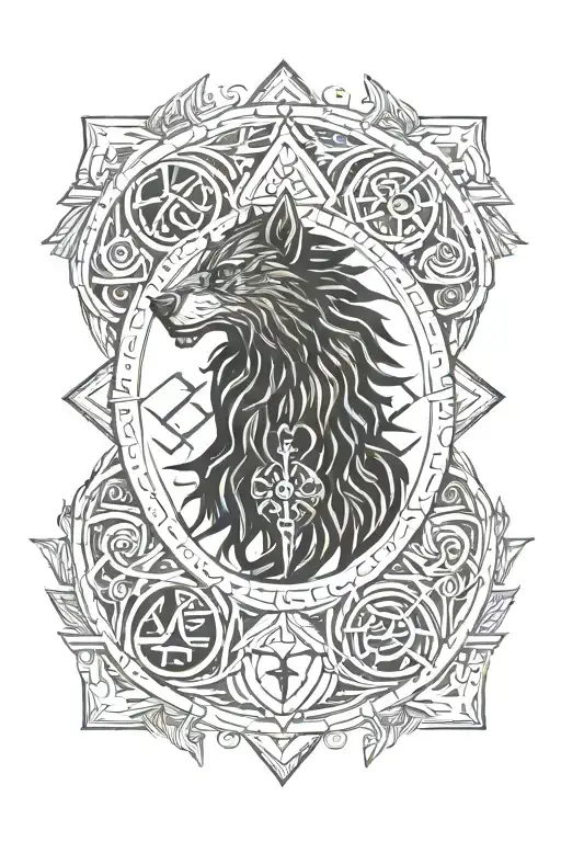 vegvisir, valknut, triqueta, bindrune sumbolising strength and rebirth, hacha vikinga y lobo  tattoo design idea
