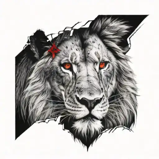 lion with cross shaped scar over eye and ruby eye tattoo design idea