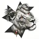 lion with cross shaped scar over eye and one ruby eye tattoo design idea