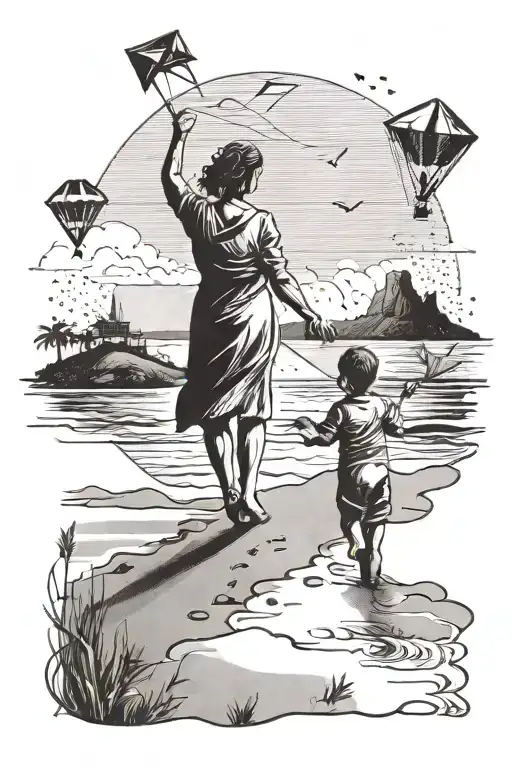 A beach landscape with a mother and son flying kites tattoo design idea