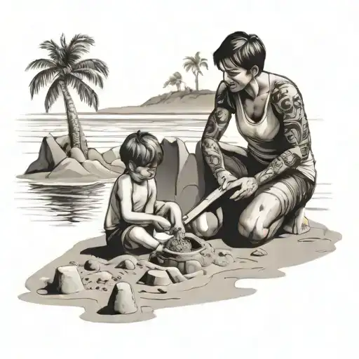 A beach scene with a mother and son building a sandcastle tattoo design idea