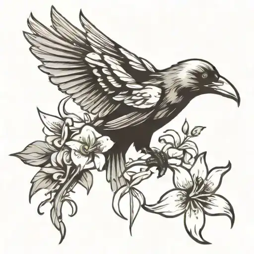 crow and lily and peace symbol tattoo design idea