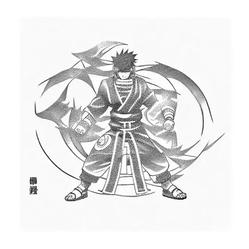 A dynamic blackwork tattoo featuring Naruto, Sasuke, and Sakura in a powerful battle pose tattoo design idea