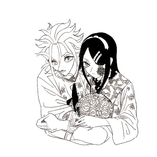 A dotwork tattoo of Tanjiro and Nezuko from Demon Slayer surrounded by intricate floral patterns tattoo design idea