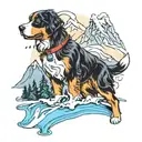 ski mountain with stream and bernese mountain dog tattoo design idea
