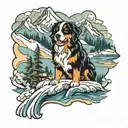 ski mountain with stream and bernese mountain dog tattoo design idea