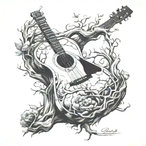 A sketch style design of a guitar morphing into a tree of life tattoo design idea