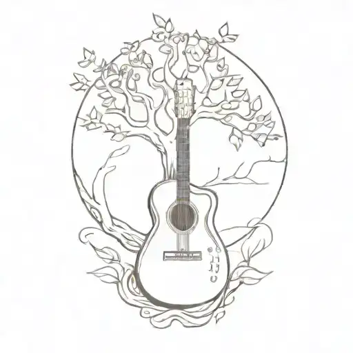 A sketch style design of a guitar morphing into a tree of life tattoo design idea