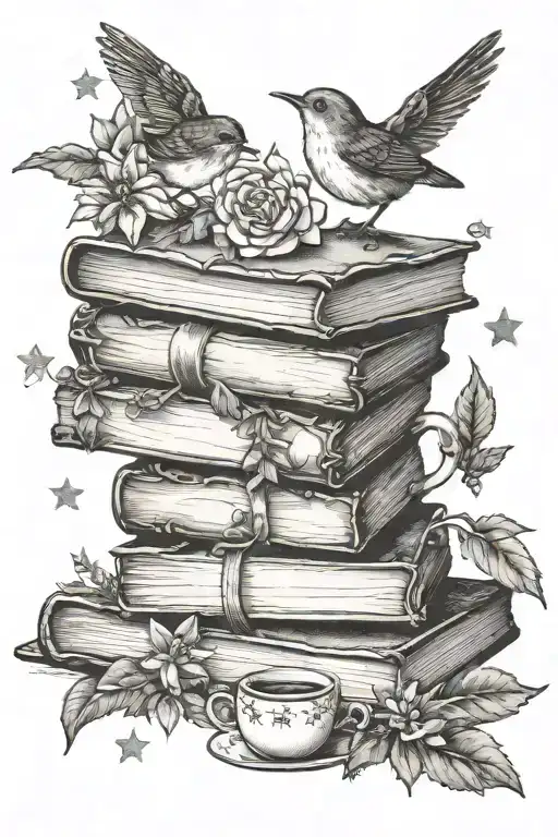 BOOKS, TEACUP, LAUREL, WREN, AND STARS tattoo design idea