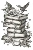 BOOKS, TEACUP, LAUREL, WREN, AND STARS tattoo design idea