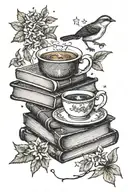 BOOKS, TEACUP, LAUREL, WREN, AND STARS tattoo design idea