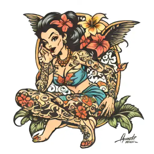 hawaiian pinup girl sitting tattoo design idea