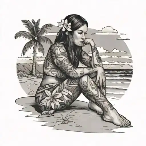 hawaiian girl sitting on beach scene tattoo design idea