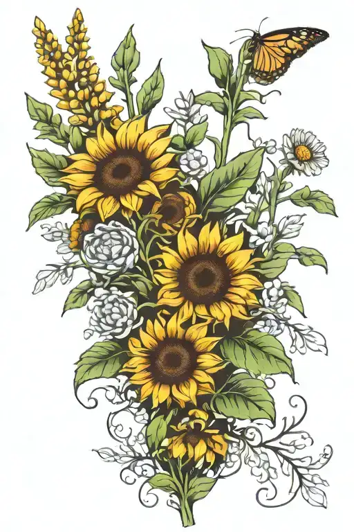 heather flowers and sunflowers long greens stems tattoo design idea