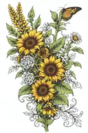 heather flowers and sunflowers long greens stems tattoo design idea