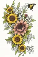 heather flowers and sunflowers long greens stems tattoo design idea