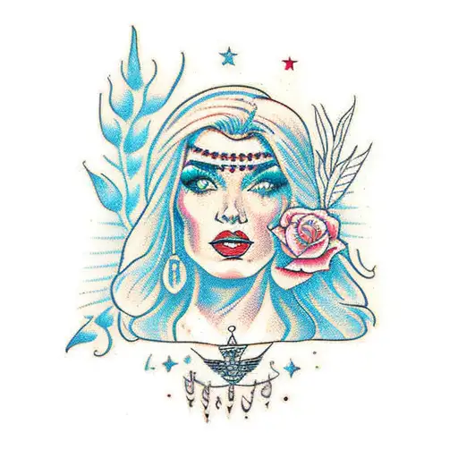 full body american traditional hippie woman tattoo design idea