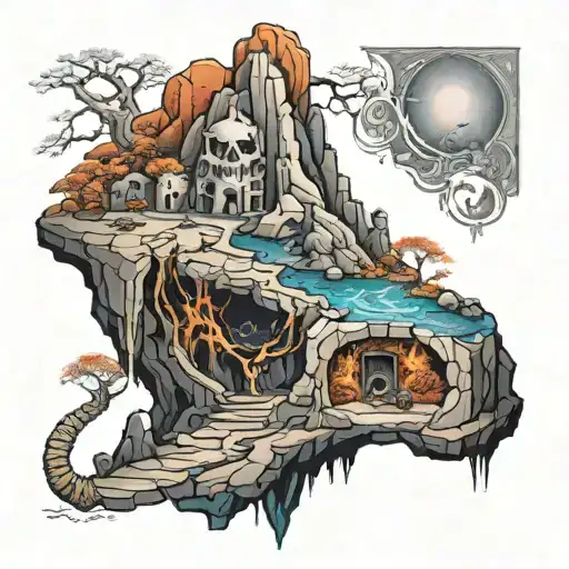 An intricate tattoo of the Platon's Allegory of the Cave, with a modern twist incorporating bright colors and surreal elements tattoo design idea
