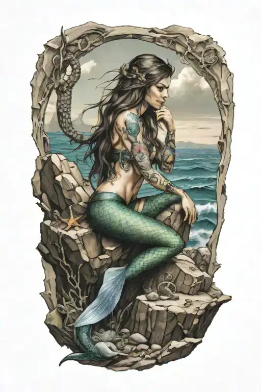 A mermaid sitting on a rock, combing her hair with a shipwreck in the background tattoo design idea