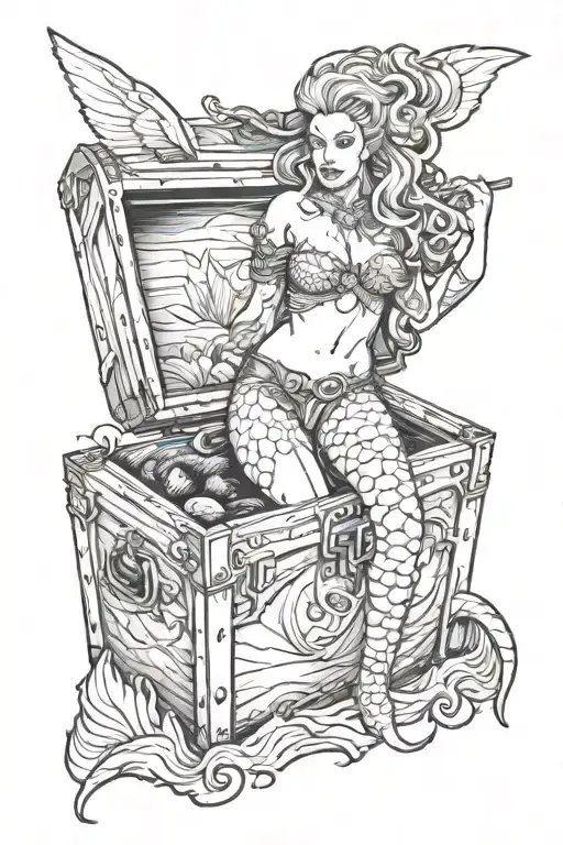 A treasure chest guarded by a fierce mermaid warrior tattoo design idea