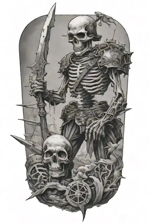A meaid warrior guarding a shipwreck, skeleton hand holding tattoo design idea