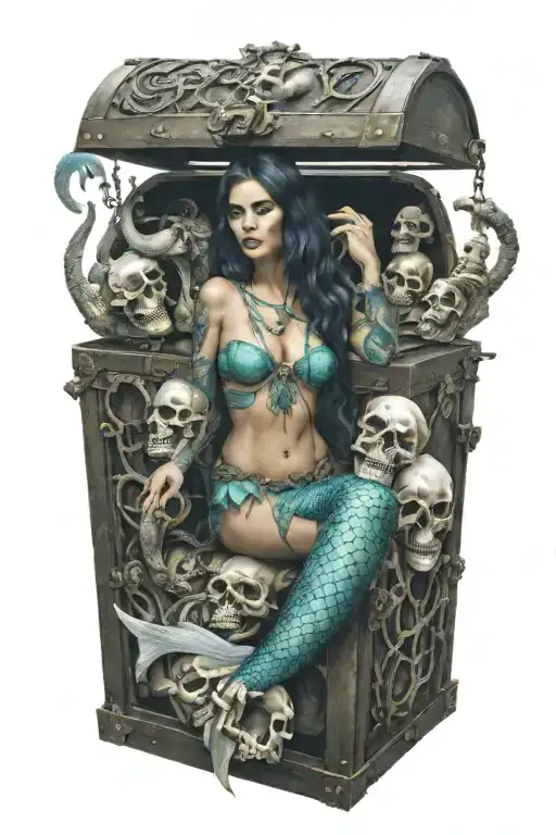 A mermaid warrior guarding a treasure chest surrounded by skeletons tattoo design idea