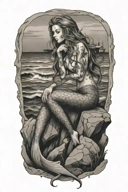 A mermaid sitting on a rock, combing her hair with a shipwreck in the background tattoo design idea