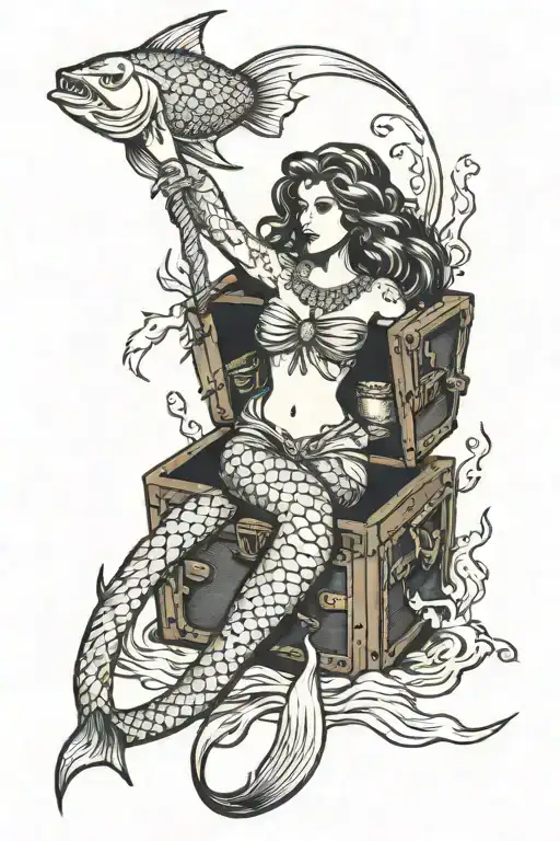 A treasure chest guarded by a fierce mermaid warrior tattoo design idea