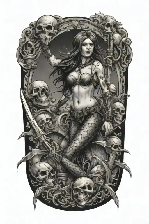 A mermaid warrior guarding a shipwreck surrounded by pirate skeletons tattoo design idea