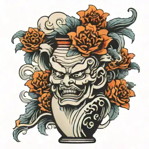Japanese style vase with water wave flowing out with oni mask leaning against vase tattoo design idea