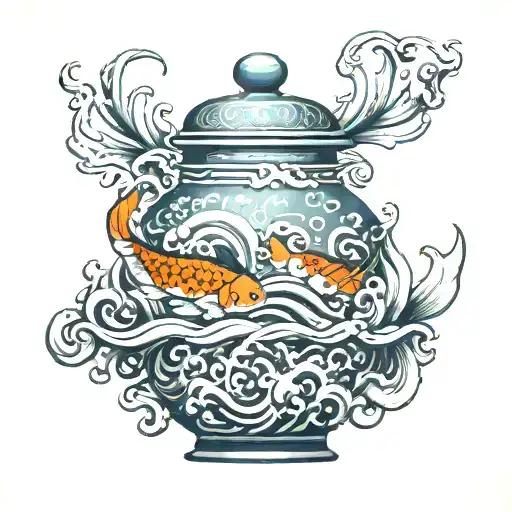 Japanese style vase with water wave overflowing with koi fish swimming out and oni mask leaning against it tattoo design idea