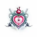 A heart-shaped pomegranate pierced with a dagger tattoo design idea