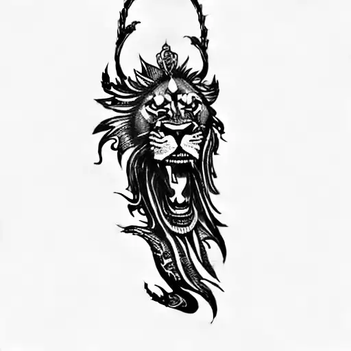 a lion with dragon and lighning trishul tattoo design idea