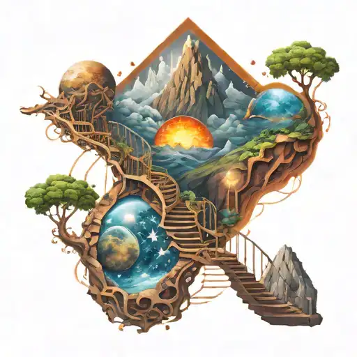 mountains in space around dna spiral like a stairway to heaven tattoo design idea