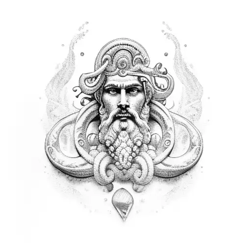 An intricate dotwork tattoo of Poseidon, the Greek god of the sea, with stoic symbols incorporated into the design. tattoo design idea
