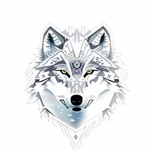 A pack of white wolves running through a snowy forest tattoo design idea