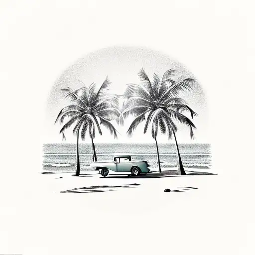 A beach scene with palm trees and a vintage car parked nearby tattoo design idea